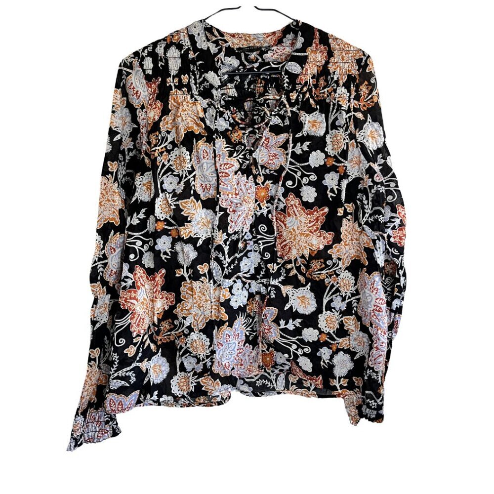 Saks Fifth Avenue Black Paisley Bohemian Long Sleeve Lightweight Blouse